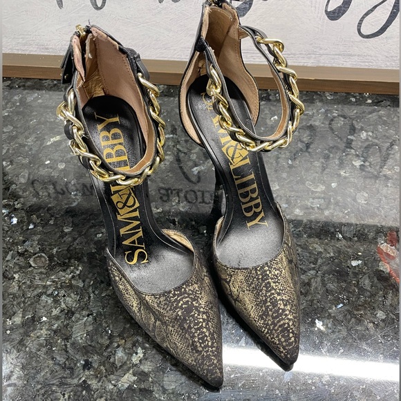 Sam & Libby SZ 6 Snakeskin Look High Heals with Gold Metallic Black Gorgeous - Picture 2 of 7